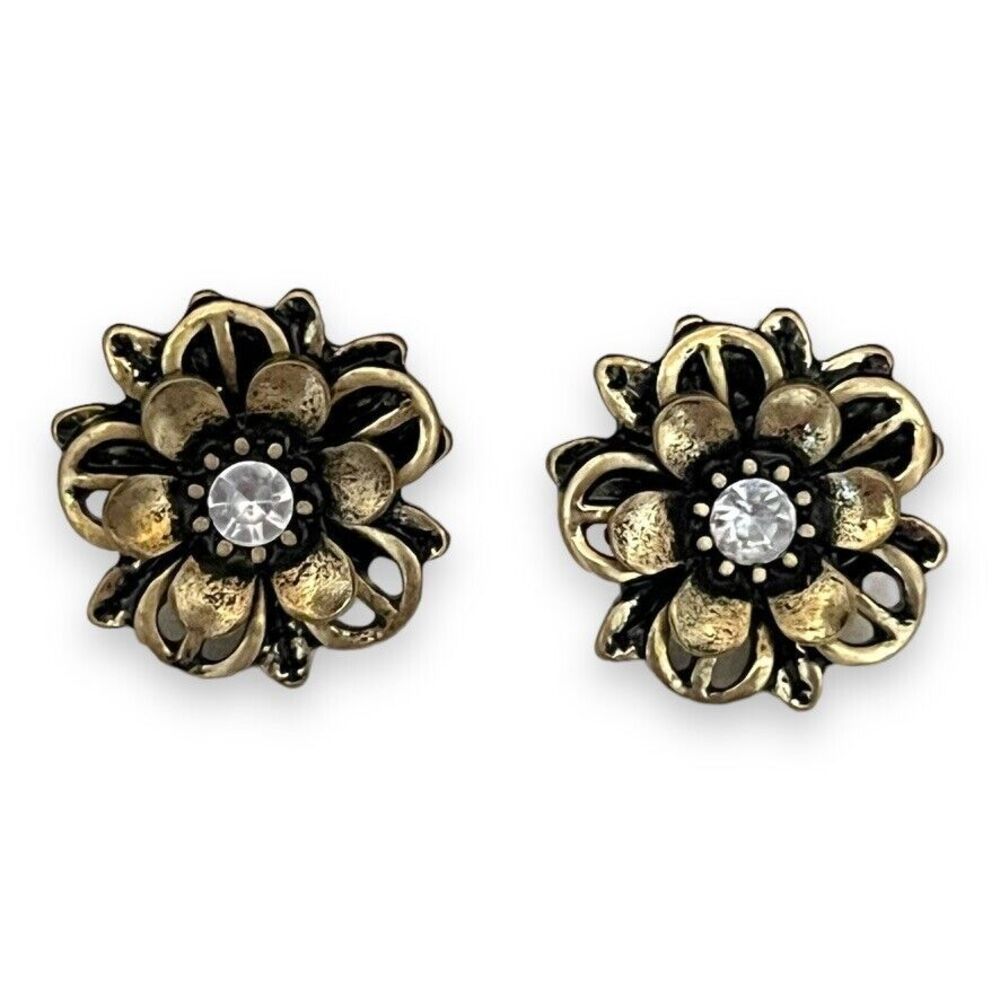 New Gold Tone Stud Earrings Floral Antiqued Finish Crystal Accent - 3B